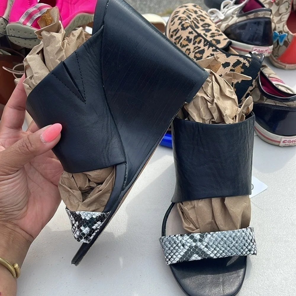Snake Skin and Black leather wedges